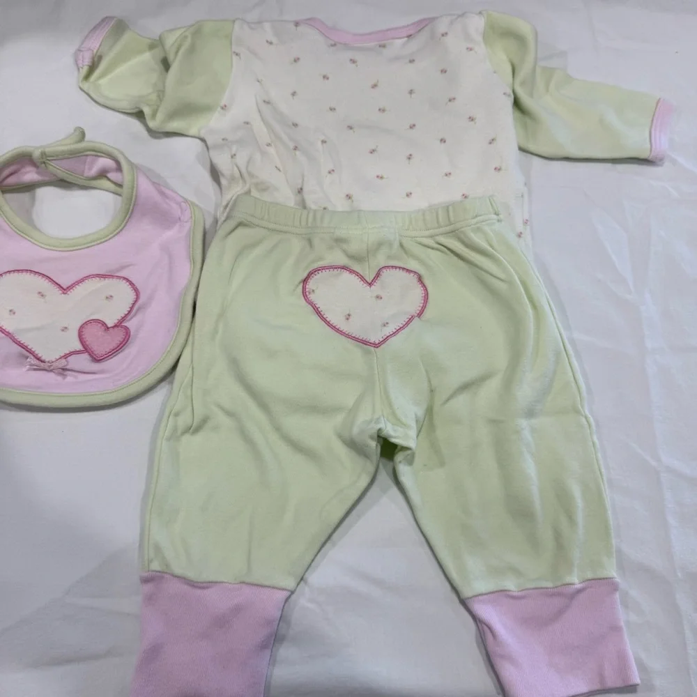 Y2K Bon Bebe Soft Pink & Green Baby Outfit with Matching Bib Size 3-6 Month
